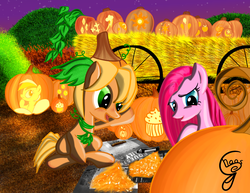 Size: 1650x1275 | Tagged: safe, artist:chaosdrop, pinkie pie, rainbow dash, oc, oc:pumpkin spice, g4, halloween, holiday, jack-o-lantern, pumpkin