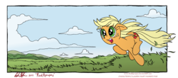 Size: 6763x2983 | Tagged: safe, artist:redapropos, applejack, g4, female, grass, happy, hatless, i can't believe it's not idw, loose hair, missing accessory, open mouth, raised hoof, running, solo, traditional art, windswept mane