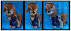 Size: 4004x1753 | Tagged: safe, artist:nazegoreng, oc, oc only, oc:littlepip, pony, unicorn, fallout equestria, clothes, fanfic, female, irl, jumpsuit, mare, photo, pipbuck, plushie, solo, vault suit