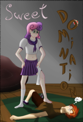 Size: 1500x2200 | Tagged: safe, artist:uu-unknown-user, button mash, sweetie belle, human, g4, barefoot, belly button, blushing, clothes, converse, cover, domination, feet, female, femdom, foot fetish, humanized, male, malesub, midriff, older, school uniform, schoolgirl, ship:sweetiemash, shipping, shoes, short hair, shorts, smiling, socks, straight, submission, submissive, teasing, toes, trampling