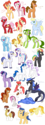 Size: 1024x2816 | Tagged: safe, artist:alicemaple, oc, oc only, oc:airline red, oc:ambrosia, oc:aria allegra, oc:beau monde, oc:binet rouge, oc:brilliant beacon, oc:cherry cheesecake, oc:coralburst, oc:dreamcast, oc:drizzle, oc:glimmering dusk, oc:golden pippin, oc:jelly jam sandwich, oc:l'amore toujours, oc:maelstrom, oc:meridien, oc:peanutbutter pie, oc:peridot, oc:razor russet, oc:spectrum flash, oc:swift flight, oc:whirlwind, draconequus, dracony, earth pony, pegasus, pony, unicorn, bat wings, blue eyes, body markings, bow, brown eyes, cloven hooves, colored hooves, colored sclera, colored wings, colored wingtips, draconequus oc, dracony oc, ear piercing, earring, earth pony oc, facial hair, facial markings, fangs, folded wings, freckles, frown, glasses, goatee, gradient mane, gradient tail, grin, hair bow, horn, interspecies offspring, jewelry, leonine tail, looking at you, magenta eyes, moustache, multicolored hair, multicolored wings, offspring, parent:apple bloom, parent:applejack, parent:big macintosh, parent:braeburn, parent:button mash, parent:cheese sandwich, parent:discord, parent:fancypants, parent:flash sentry, parent:fleur-de-lis, parent:fluttershy, parent:lightning dust, parent:pinkie pie, parent:pipsqueak, parent:princess cadance, parent:princess luna, parent:rainbow dash, parent:rarity, parent:rumble, parent:scootaloo, parent:shining armor, parent:soarin', parent:spike, parent:sweetie belle, parent:thunderlane, parent:twilight sparkle, parents:cheesepie, parents:fancyfleur, parents:flashlight, parents:fluttermac, parents:lunacord, parents:pipbloom, parents:rumbloo, parents:shiningcadance, parents:soarinjack, parents:sparity, parents:sweetiemash, parents:thunderdash, pegasus oc, piercing, ponytail, purple eyes, rainbow hair, raised hoof, red eyes, smiling, spread wings, standing, tail, unicorn oc, unshorn fetlocks, wings, yellow eyes, yellow sclera