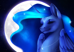 Size: 2850x2000 | Tagged: safe, artist:nekiw, princess luna, alicorn, pony, g4, beautiful, ear piercing, eyes closed, female, helix piercing, high res, jewelry, moon, necklace, night, piercing, portrait, smiling, solo