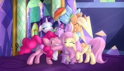 Size: 1400x800 | Tagged: safe, artist:d-sixzey, applejack, fluttershy, pinkie pie, rainbow dash, rarity, spike, twilight sparkle, alicorn, pony, g4, female, group hug, hug, mane seven, mane six, mare, twilight sparkle (alicorn), twilight's castle