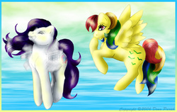 Size: 700x443 | Tagged: safe, artist:flyingpony, cloud climber, skydancer, g1, g3, flying lesson