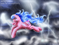 Size: 800x600 | Tagged: safe, artist:flyingpony, firefly, g1, lightning, rain, windswept mane