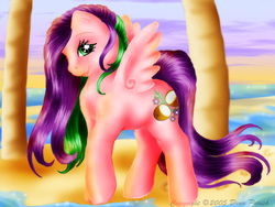 Size: 700x525 | Tagged: safe, artist:flyingpony, coconut grove, pegasus, pony, g3, cute, female, groveabetes, palm tree, solo, tree