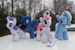 Size: 4608x3072 | Tagged: safe, artist:hampshirebrony, nurse redheart, princess luna, rarity, trixie, alicorn, earth pony, pony, unicorn, g4, female, irl, mare, photo, plushie