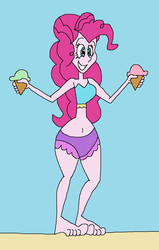 Size: 981x1545 | Tagged: safe, artist:hunterxcolleen, pinkie pie, equestria girls, g4, beach, belly button, bikini, clothes, feet, humanized, ice cream, ice cream cone, swimsuit