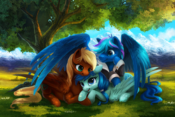 Size: 1200x800 | Tagged: safe, artist:tsaoshin, oc, oc only, pegasus, pony, g4, clothes, cottagecore, cute, detailed background, mountain, outdoors, resting, snuggling, tree, trio, wings