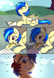 Size: 961x1384 | Tagged: safe, artist:meggchan, oc, oc only, oc:electric spark, oc:silvia windmane, pegasus, pony, unicorn, comic:spark of interest, comic, goggles, grin, looking at you, looking up, mouth hold, notepad, outdoors, paper, pegasus oc, pencil, prone, shadow, silspark, smiling
