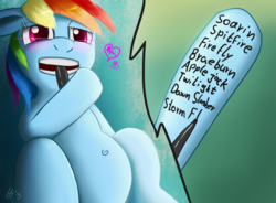 Size: 1920x1410 | Tagged: safe, artist:jphyperx, rainbow dash, pony, g4, belly button, biting, blushing, female, heart, mouth hold, pen, psychotic, shipping, solo