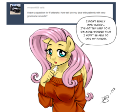 Size: 700x645 | Tagged: safe, artist:pia-sama, fluttershy, anthro, comic:rogue diamond, g4, blushing, clothes, female, solo, sweater, sweatershy, tumblr