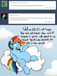 Size: 1280x1695 | Tagged: safe, artist:graphenescloset, rainbow dash, pegasus, pony, g4, belly, chubby, cloud, cloudy, denial, dialogue, fat, female, lies, mare, rainblob dash, rdisbestchub, solo, tumblr, weight gain