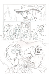 Size: 1000x1545 | Tagged: safe, artist:nessart, rarity, spike, trixie, twilight sparkle, pony, unicorn, ursa minor, boast busters, g4, comic, female, mare, monochrome, scene interpretation, traditional art