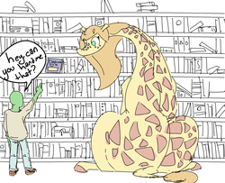 Size: 1280x1038 | Tagged: safe, artist:nobody, oc, oc only, oc:anon, oc:paisley, giraffe, book, library