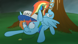 Size: 1920x1080 | Tagged: safe, artist:varmintfarm, rainbow dash, g4, bondage, coach, crying, hat, storm, tree, whistle