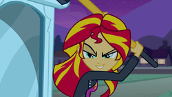 Size: 1920x1080 | Tagged: safe, screencap, sunset shimmer, equestria girls, g4, female, night, sledgehammer, solo, song in the description