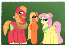 Size: 1000x700 | Tagged: safe, artist:faith-wolff, big macintosh, fluttershy, oc, oc:applebee, earth pony, pony, g4, alternate hairstyle, beard, faithverse, family photo, green background, male, neckerchief, next generation, offspring, older, parent:big macintosh, parent:fluttershy, parents:fluttermac, ship:fluttermac, shipping, simple background, stallion, straight, trio