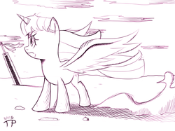 Size: 1115x836 | Tagged: safe, artist:thethunderpony, twilight sparkle, alicorn, pony, g4, berserk, dragon slayer, female, mare, monochrome, serious face, sketch, solo, sword, twilight sparkle (alicorn), windswept mane