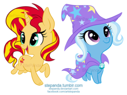 Size: 700x525 | Tagged: safe, artist:stepandy, sunset shimmer, trixie, pony, unicorn, g4, chibi, cute, diatrixes, looking up, open mouth, raised hoof, running, shimmerbetes, simple background, smiling, transparent background