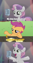 Size: 870x1677 | Tagged: safe, edit, edited screencap, screencap, scootaloo, sweetie belle, pegasus, pony, unicorn, bloom & gloom, g4, bad sweetie belle joke, caption, curtains, duo, female, filly, foal, hat, image macro, meme, microphone, monty python, notepad, pencil, stage