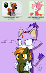 Size: 762x1200 | Tagged: safe, artist:fuzon-s, artist:kiashone, button mash, g4, blaze the cat, blushing, buttonbetes, confused, crossover, cute, deviantart, dialogue, doodle, embarrassed, hatless, holding, irl, juxtaposition, missing accessory, photo, plushie, question mark, simple background, sonic the hedgehog (series), sweatdrop