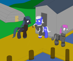 Size: 1185x993 | Tagged: safe, artist:minty candy, oc, oc only, oc:crash dive, oc:night strike, oc:static charge, earth pony, pegasus, pony, fallout equestria, fallout equestria: empty quiver, armor, bunker, clothes, disgusted, diving suit, drinking, enclave, enclave armor, grand pegasus enclave, pier, power armor, powered exoskeleton, ruins, story