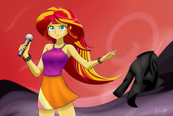 Size: 2935x1972 | Tagged: dead source, safe, artist:ryou14, sunset shimmer, equestria girls, g4, my little pony equestria girls: rainbow rocks, armpits, clothes, female, leather jacket, scene interpretation, sleeveless, solo, the coats are off, undressing, welcome to the show