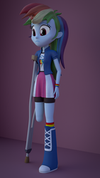 Size: 1080x1920 | Tagged: safe, artist:3d thread, artist:creatorofpony, rainbow dash, equestria girls, g4, 3d, 3d model, amputee, blender, boot, clothes, compression shorts, crutches, female, frown, rainbow sock, sad, shirt, shorts, skirt, solo, striped sock
