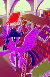 Size: 1280x1978 | Tagged: safe, artist:princrim, spike, twilight sparkle, alicorn, dragon, pony, g4, bookshelf, duo, female, flying, ladder, levitation, library, magic, mare, twilight sparkle (alicorn)