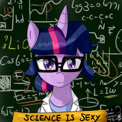 Size: 1200x1200 | Tagged: dead source, safe, artist:vanillafox2035, sci-twi, twilight sparkle, pony, g4, alternate hairstyle, chemistry, female, glasses, looking at you, math, ponified, ponified humanized pony, sci-twilicorn, science, scientist, smiling, solo