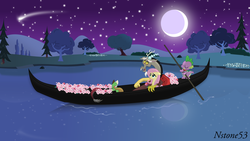 Size: 1600x900 | Tagged: safe, artist:nstone53, discord, fluttershy, spike, draconequus, dragon, pegasus, pony, g4, eyes closed, female, floppy ears, flower, gondola, hug, male, mare, moon, night, romantic, ship:discoshy, shipping, shooting star, sitting, sky, smiling, starry night, straight, water