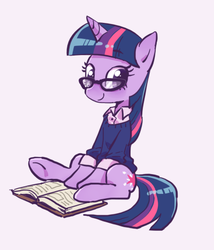 Size: 400x468 | Tagged: safe, artist:baekgup, twilight sparkle, pony, unicorn, g4, adorkable, book, clothes, cute, dork, female, glasses, looking at you, mare, meganekko, simple background, smiling, solo, unicorn twilight, white background