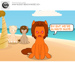 Size: 540x450 | Tagged: safe, artist:aha-mccoy, oc, oc only, oc:aha mclovin, oc:jay aaron mclovin, oc:terrie ben dover, earth pony, pegasus, pony, unicorn, nopony-ask-mclovin, ask, beach, blushing, broken horn, glasses, horn, male, missing accessory, speech bubble, stallion, tumblr, we don't normally wear clothes