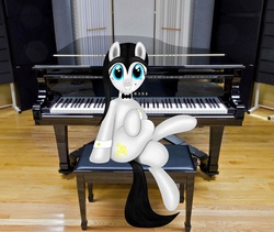 Size: 3900x3290 | Tagged: safe, artist:thepianistmare, oc, oc only, oc:klavinova, black hair, crossed legs, high res, irl, musical instrument, photo, piano, ponies in real life, pose, smiling