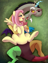 Size: 1280x1657 | Tagged: safe, artist:guinefurrie, discord, fluttershy, draconequus, pegasus, pony, g4, blushing, featureless crotch, female, male, mare, ship:discoshy, shipping, straight, tongue out, underhoof