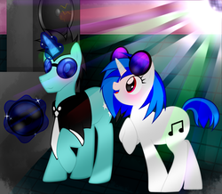 Size: 1024x894 | Tagged: safe, artist:ysc99, dj pon-3, neon lights, rising star, vinyl scratch, g4, blushing, female, male, ship:vinylights, shipping, straight