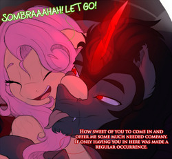 Size: 540x497 | Tagged: safe, artist:evehly, fluttershy, king sombra, g4, :p, bedroom eyes, eyes closed, female, fluffy, glowing horn, horn, hug, laughing, magic, male, open mouth, ship:sombrashy, shipping, smiling, straight, tongue out