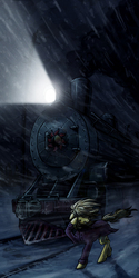 Size: 590x1177 | Tagged: safe, artist:koviry, oc, oc only, oc:sandy vain, pony, unicorn, blizzard, locomotive, night, snow, snowfall, solo, steam locomotive, train, winter