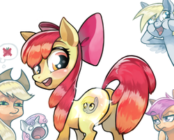 Size: 600x483 | Tagged: safe, artist:s08080, apple bloom, applejack, derpy hooves, scootaloo, sweetie belle, pegasus, pony, g4, appul, butt, cutie mark, cutie mark crusaders, dishonorapple, female, mare, meme, pictogram, plot, squint, squintjack, sweetie derelle, thought bubble, wat, x