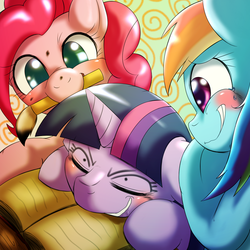 Size: 1000x1000 | Tagged: safe, artist:ushiro no kukan, pinkie pie, rainbow dash, twilight sparkle, g4, cute, diapinkes, face doodle, laughing, prank, sleeping