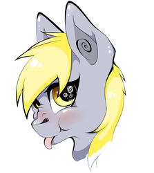 Size: 1935x2167 | Tagged: safe, artist:red-soulfire, derpy hooves, pegasus, pony, g4, blushing, bust, female, mare, nose wrinkle, portrait, scrunchy face, simple background, solo, tongue out, white background