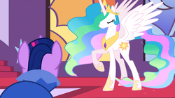 Size: 1366x768 | Tagged: safe, screencap, princess celestia, twilight sparkle, g4, my little pony: friendship is magic, the best night ever, eyes closed