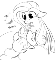 Size: 547x591 | Tagged: safe, artist:dotkwa, fluttershy, oc, oc:anon, human, g4, bed, grayscale, monochrome, mouth hold, sick, sketch