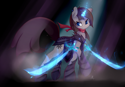 Size: 2437x1698 | Tagged: dead source, safe, artist:omi, oc, oc only, oc:aegis tunesmith, pony, unicorn, armor, big tail, clothes, dual wield, magic, scarf, solo, sword