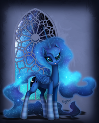 Size: 3615x4480 | Tagged: safe, artist:shaadorian, princess luna, alicorn, pony, g4, clothes, female, looking at you, mare, night, socks, solo, space, striped socks, window