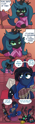 Size: 1280x4426 | Tagged: safe, artist:jokerpony, princess luna, queen chrysalis, changeling, ask teen chrysalis, g4, clothes, comic, flamethrower, goth, mail, pyro (tf2), spy check, spycheck failed, sweater, team fortress 2, weapon