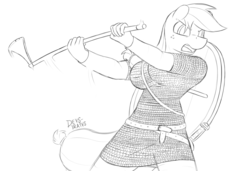 Size: 1280x878 | Tagged: safe, artist:devs-iratvs, applejack, anthro, g4, angry, axe, chainmail, female, missing accessory, monochrome, solo, viking, weapon