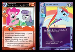 Size: 744x520 | Tagged: safe, enterplay, boulder (g4), maud pie, pinkie pie, rainbow dash, earth pony, pegasus, pony, g4, my little pony collectible card game, the crystal games, ccg, clothes, female, flying, mare, rock