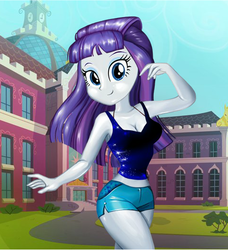 Size: 479x526 | Tagged: safe, artist:kimpossiblelove, rarity, equestria girls, g4, alternate hairstyle, belly button, breasts, canterlot high, cleavage, clothes, female, fynsy, midriff, shorts, solo